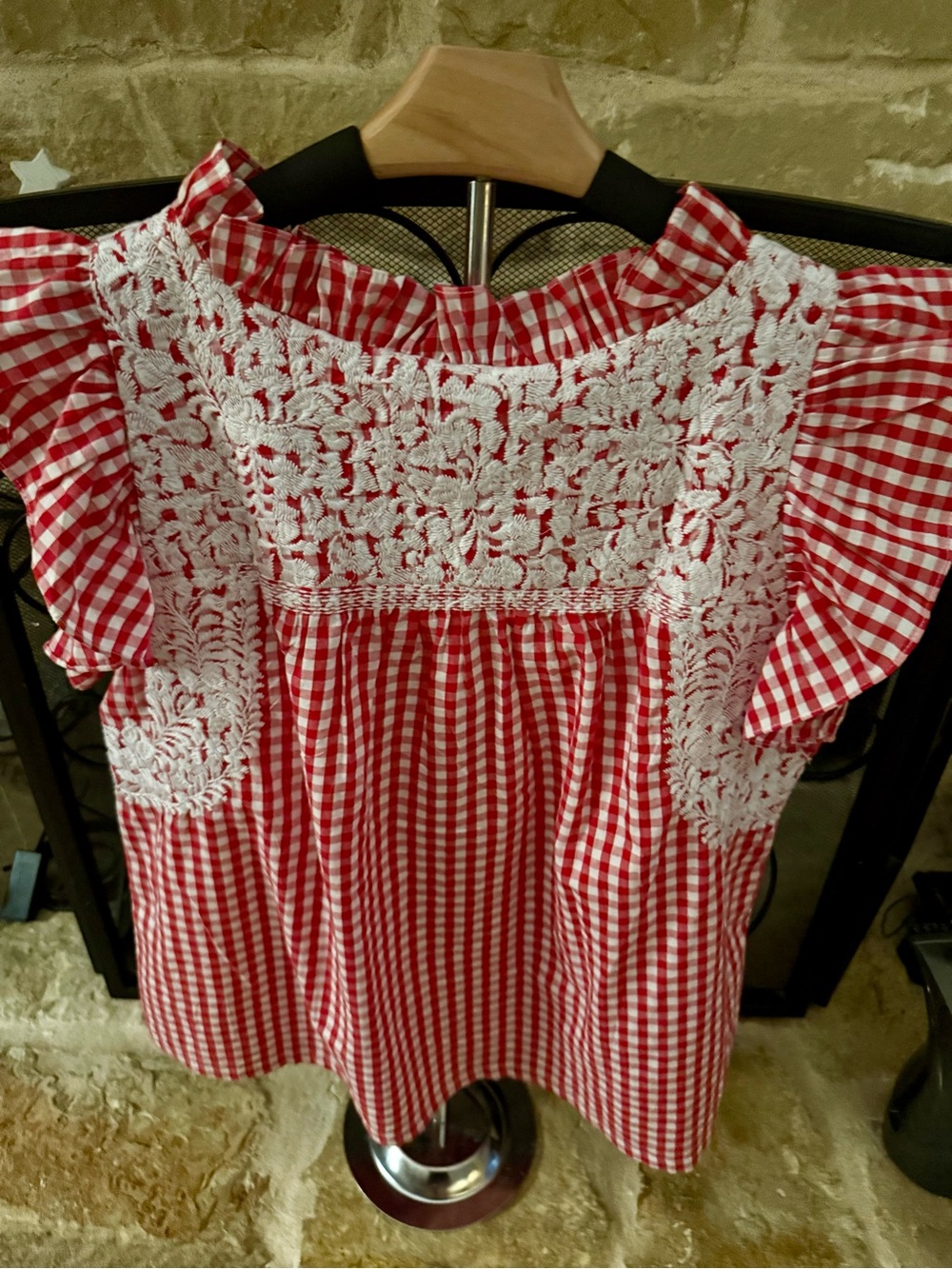 J Marie embroidered Brynlee Gingham Top L Retail $106 Red Cottagecore Western